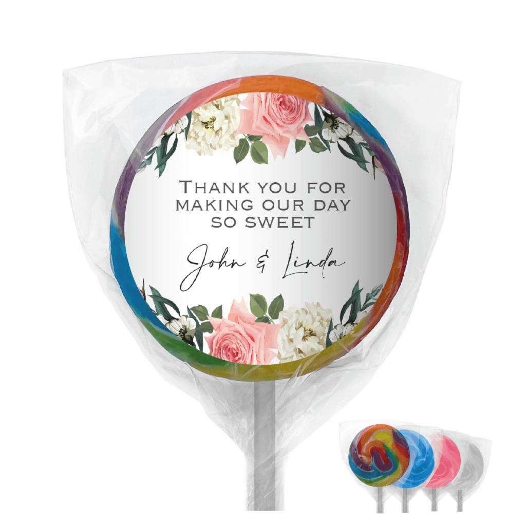 florals on white lollipops favors