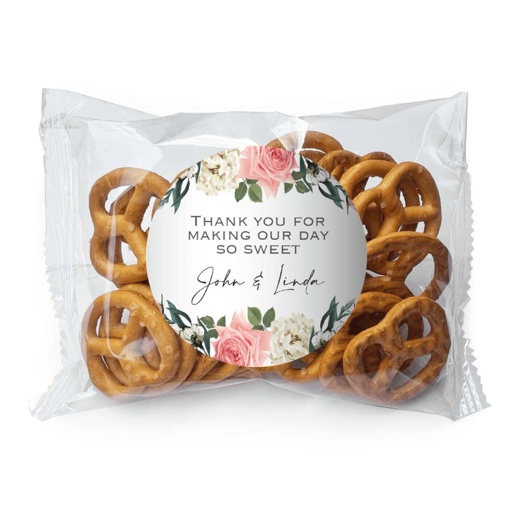 florals on white pretzel favors