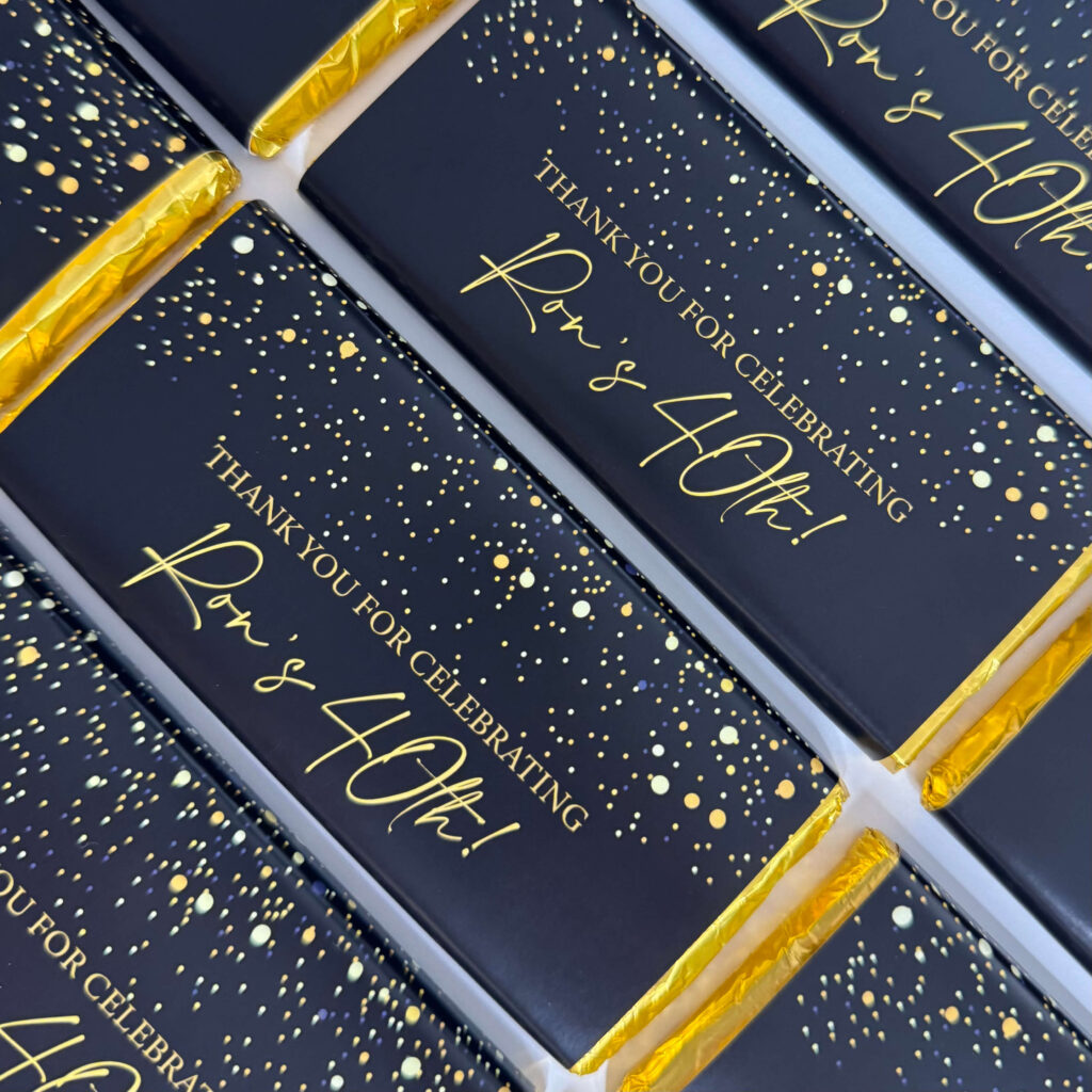 black & gold confetti personalised chocolate bars