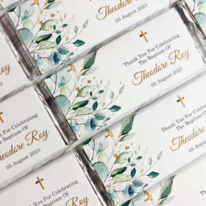 green leaves & gold cross personalised chocolate bars