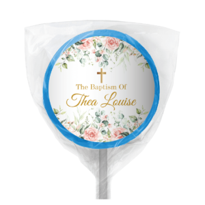 pink and cream roses bomboniere lollipop blue