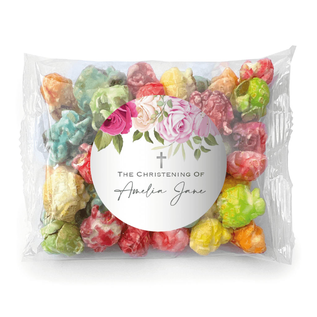 roses and cross bomboniere popcorn rainbow