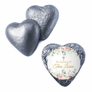 pink and cream roses and cross custom foil chocolate hearts