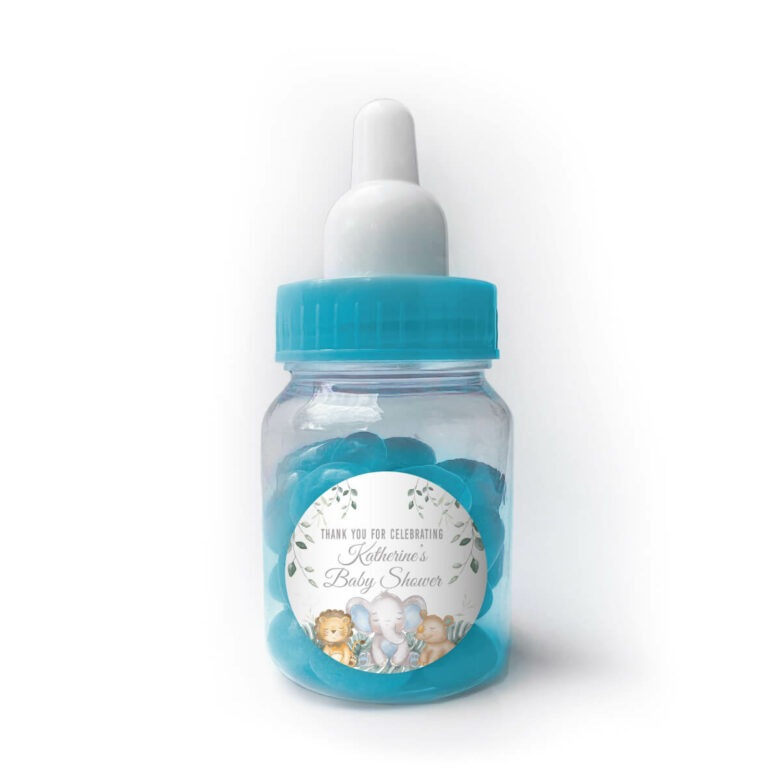 Sleepy Safari Animals Custom Blue Baby Bottle Jelly Beans