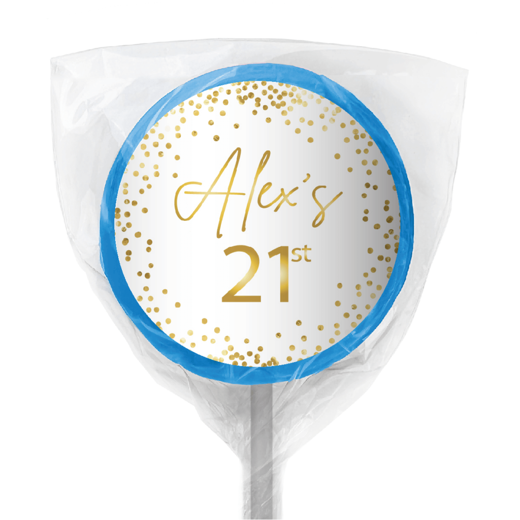 white and gold confetti lollipop blue