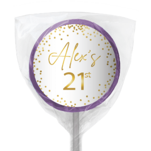white and gold confetti lollipop purple