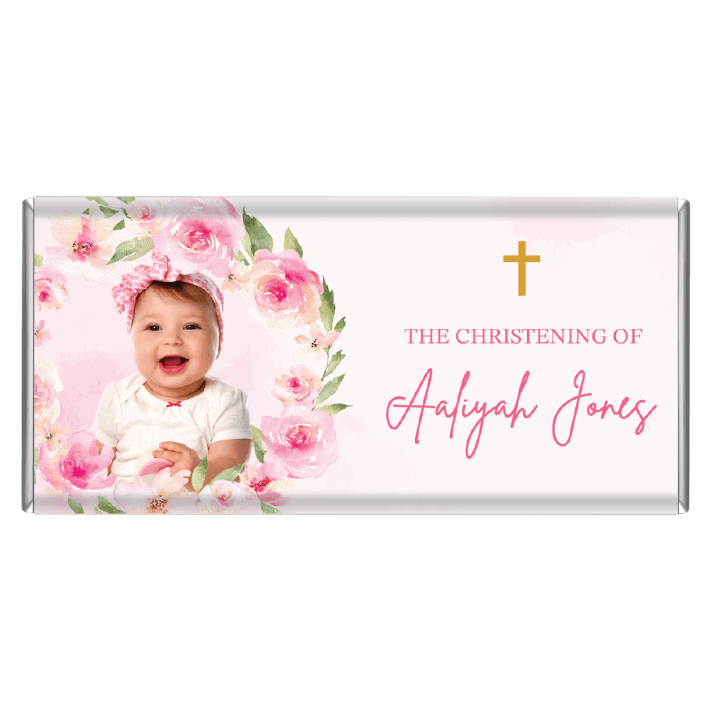 floral wreath and photo christening chocolates
