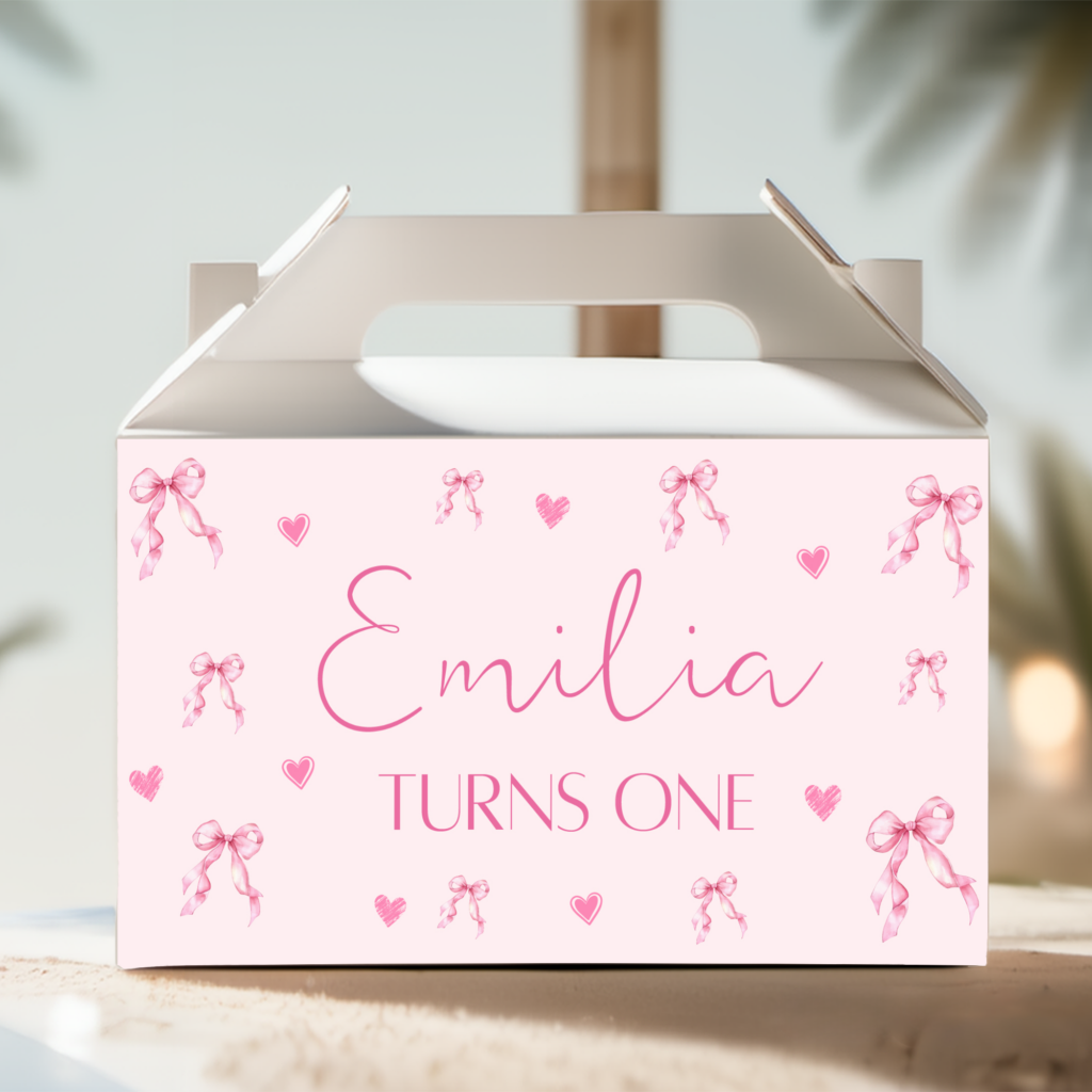 pink bows and hearts party box white